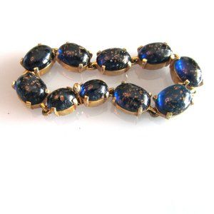 Vintage Marvella Blue Art Glass Cabochon Speckled Gold Flecks Chunky Bracelet